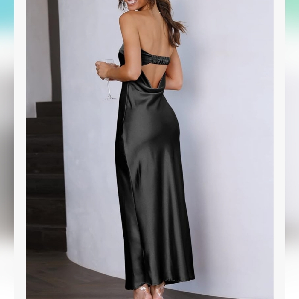 Stretchy strapless maxi dress with draped back - Picture 2 of 14